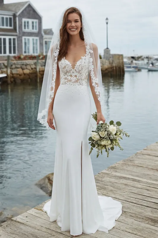 Ivory Mermaid Appliqued Satin Wedding Dress with Court Train made by Zapaka