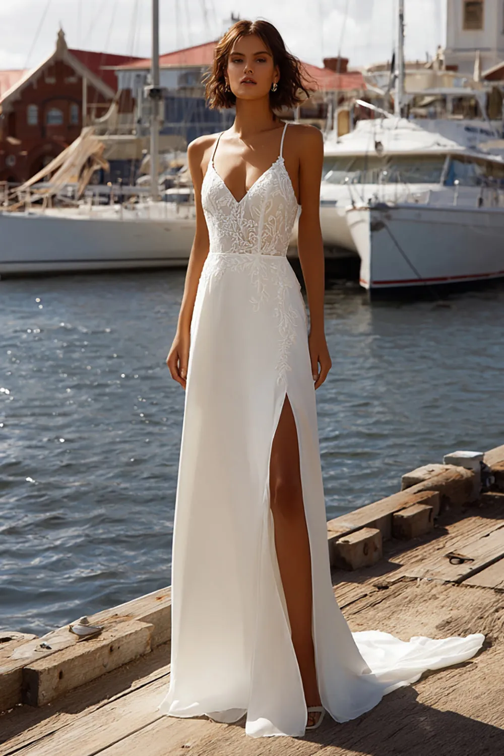 Mermaid Ivory Corset Appliqued Spaghetti Straps Wedding Dress with Slit sold by Zapaka product image thumbnail 3