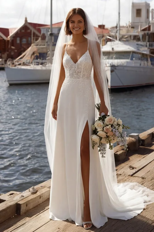 Mermaid Ivory Corset Appliqued Spaghetti Straps Wedding Dress with Slit made by Zapaka