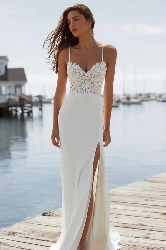 Mermaid Appliqued Ivory Spaghetti Straps Long Wedding Dress with Slit made by Zapaka
