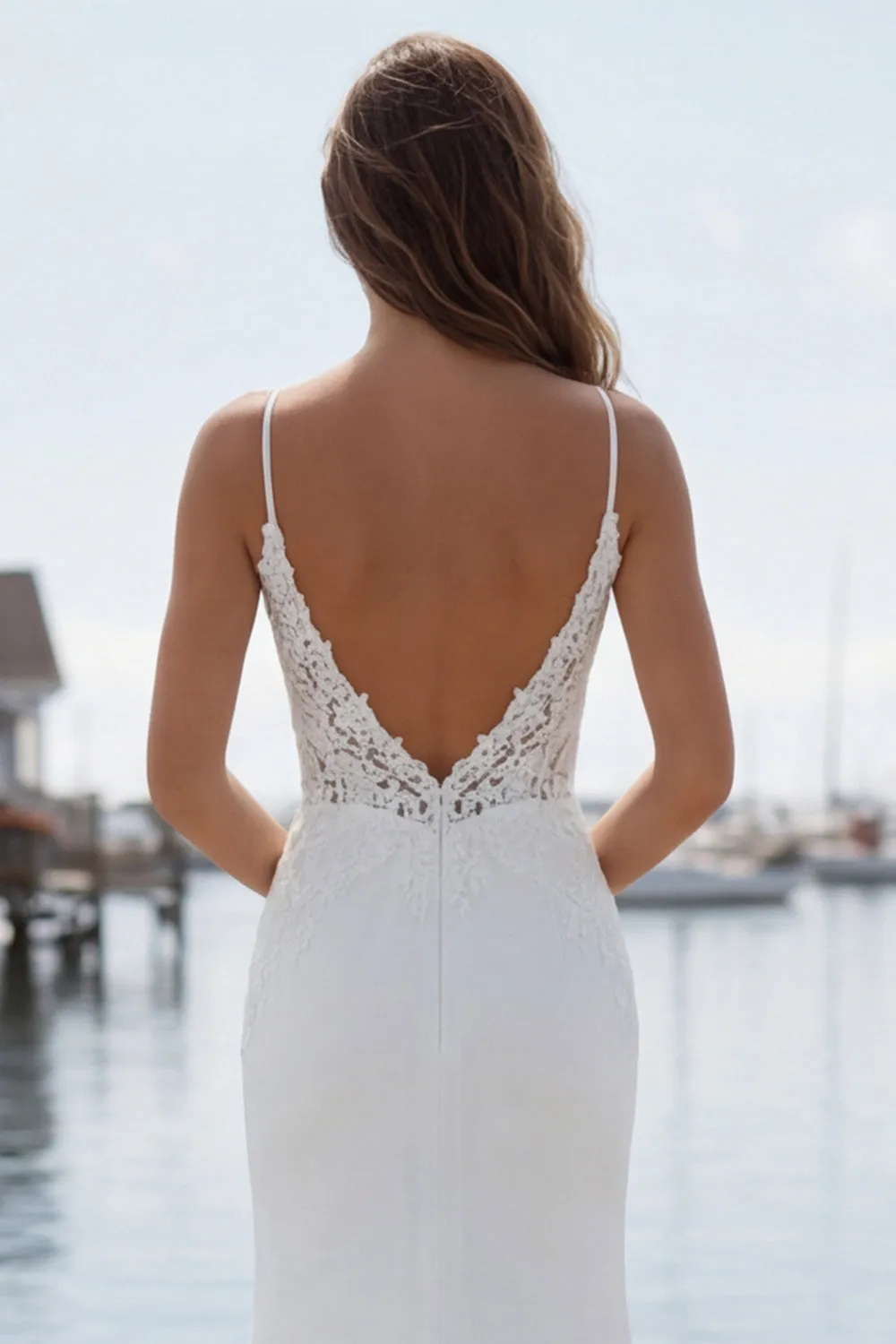 Mermaid Appliqued Ivory Spaghetti Straps Long Wedding Dress with Slit sold by Zapaka product image thumbnail 4