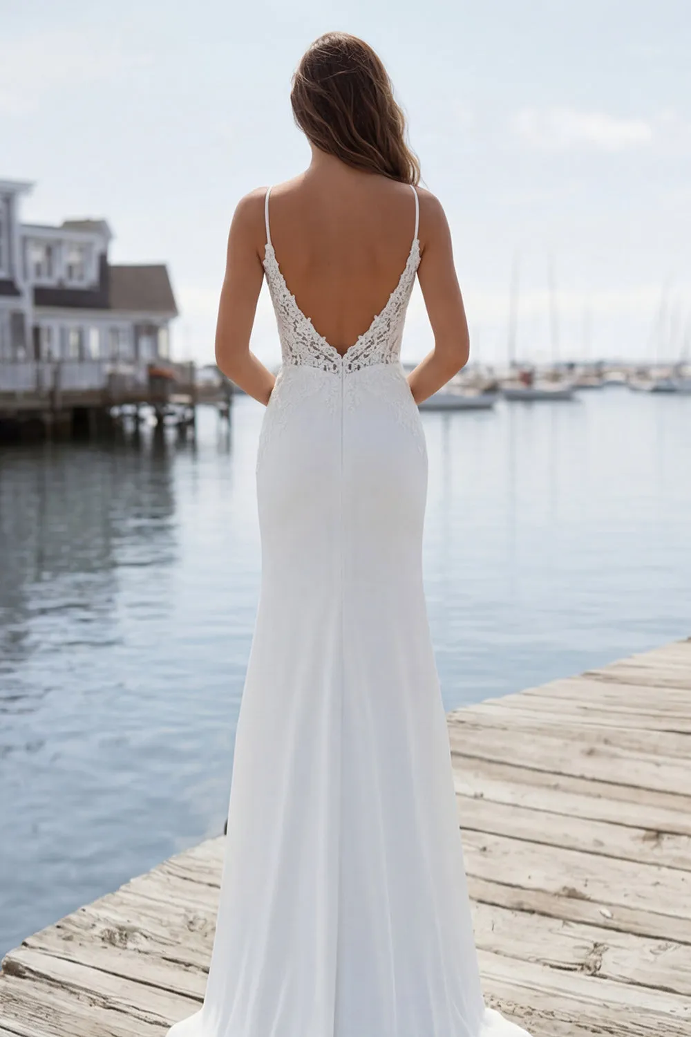 Mermaid Appliqued Ivory Spaghetti Straps Long Wedding Dress with Slit sold by Zapaka product image thumbnail 2