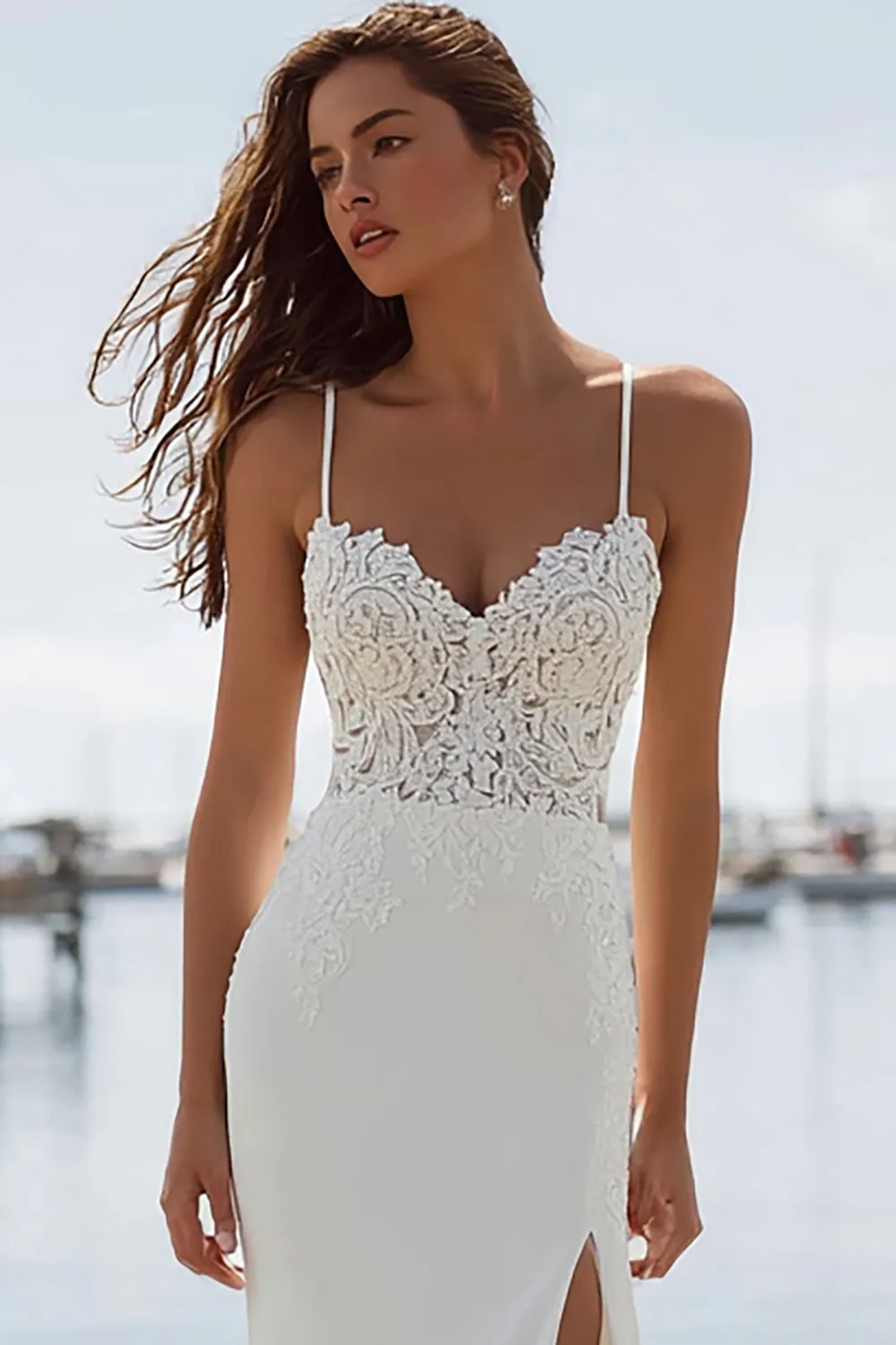 Mermaid Appliqued Ivory Spaghetti Straps Long Wedding Dress with Slit sold by Zapaka product image thumbnail 3