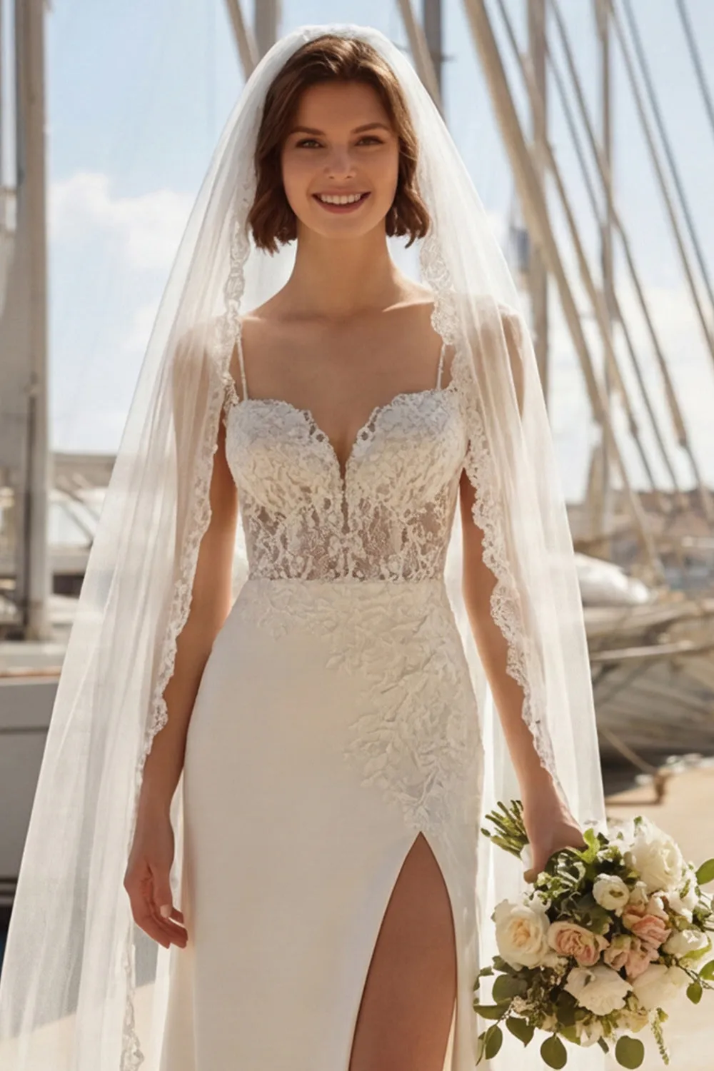 Mermaid Ivory Satin Appliqued Spaghetti Straps Wedding Dress with Slit sold by Zapaka product image thumbnail 5