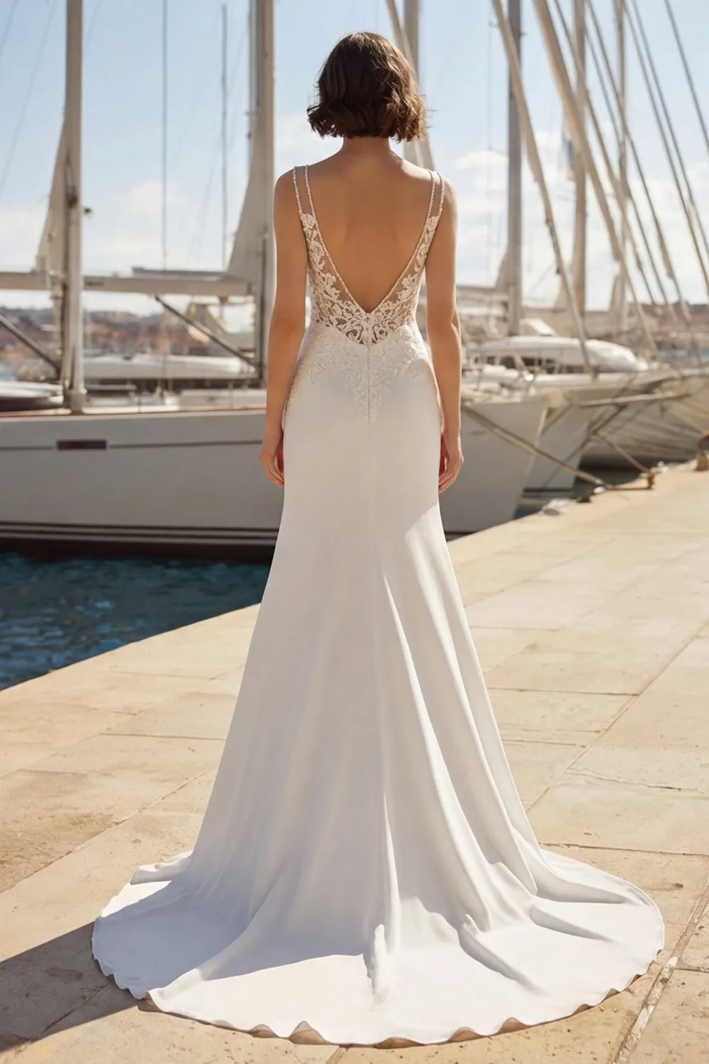 Mermaid Ivory Satin Appliqued Spaghetti Straps Wedding Dress with Slit sold by Zapaka product image thumbnail 2