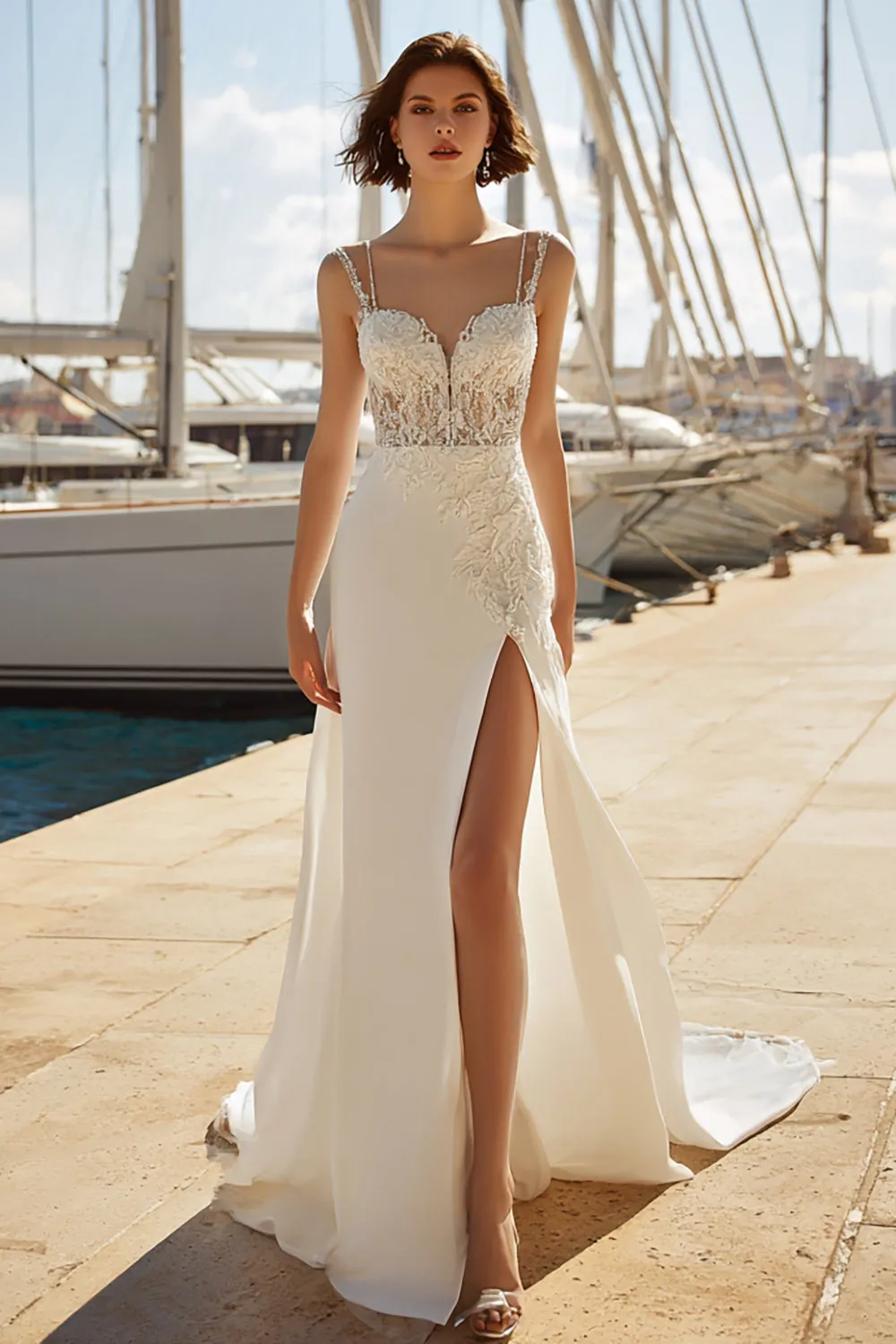 Mermaid Ivory Satin Appliqued Spaghetti Straps Wedding Dress with Slit sold by Zapaka product image thumbnail 3