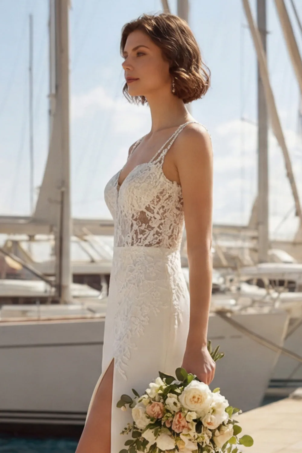 Mermaid Ivory Satin Appliqued Spaghetti Straps Wedding Dress with Slit sold by Zapaka product image thumbnail 4