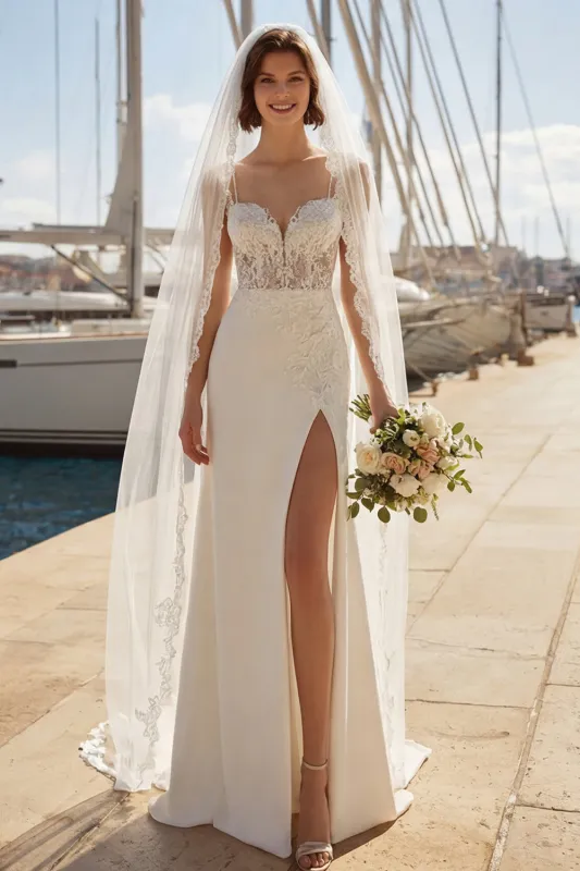 Mermaid Ivory Satin Appliqued Spaghetti Straps Wedding Dress with Slit made by Zapaka
