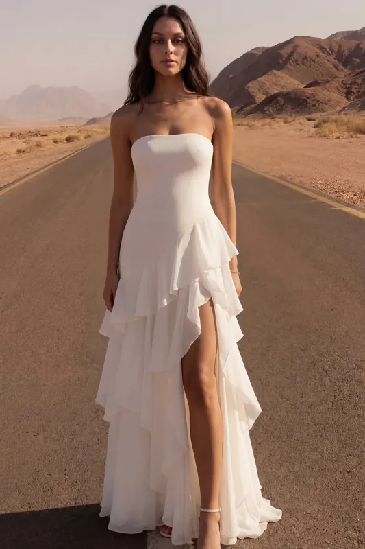 Strapless A Line Ivory Maxi Beach Wedding Dress with Ruffles made by Zapaka