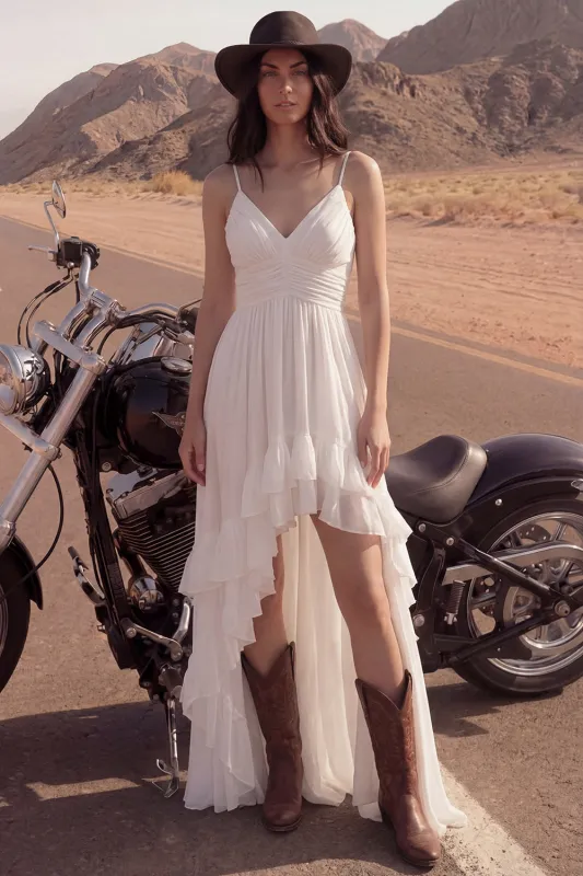 Ivory Spaghetti Straps A Line High-Low Beach Wedding Dress with Ruffles made by Zapaka