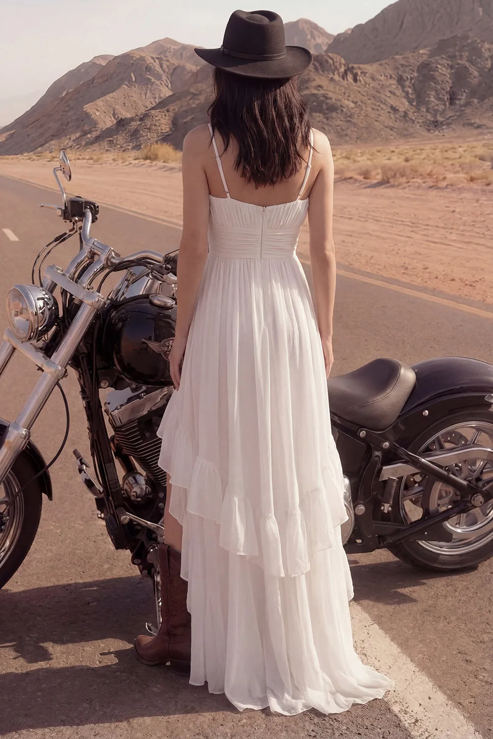 Ivory Spaghetti Straps A Line High-Low Beach Wedding Dress with Ruffles sold by Zapaka product image thumbnail 2