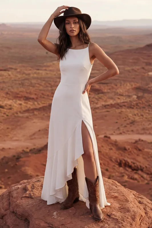 Spaghetti Straps Sheath Ivory Maxi Beach Wedding Dress made by Zapaka