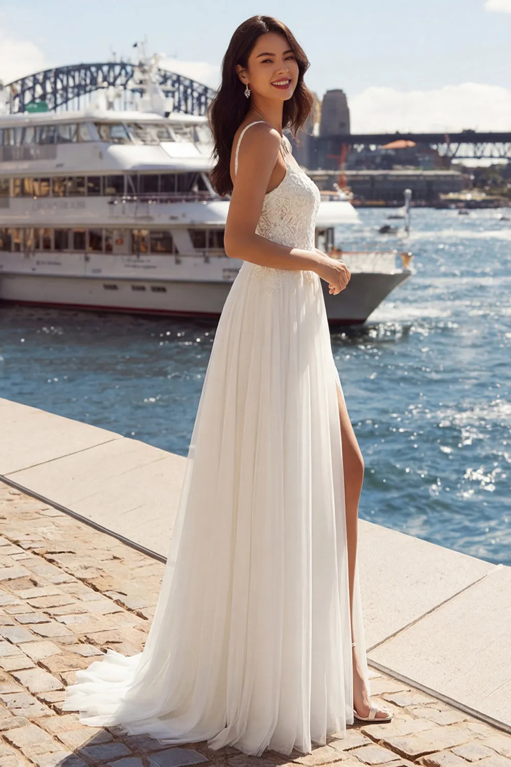 Ivory A Line Appliqued Pleated Tulle Long Wedding Dress with Slit sold by Zapaka product image thumbnail 3