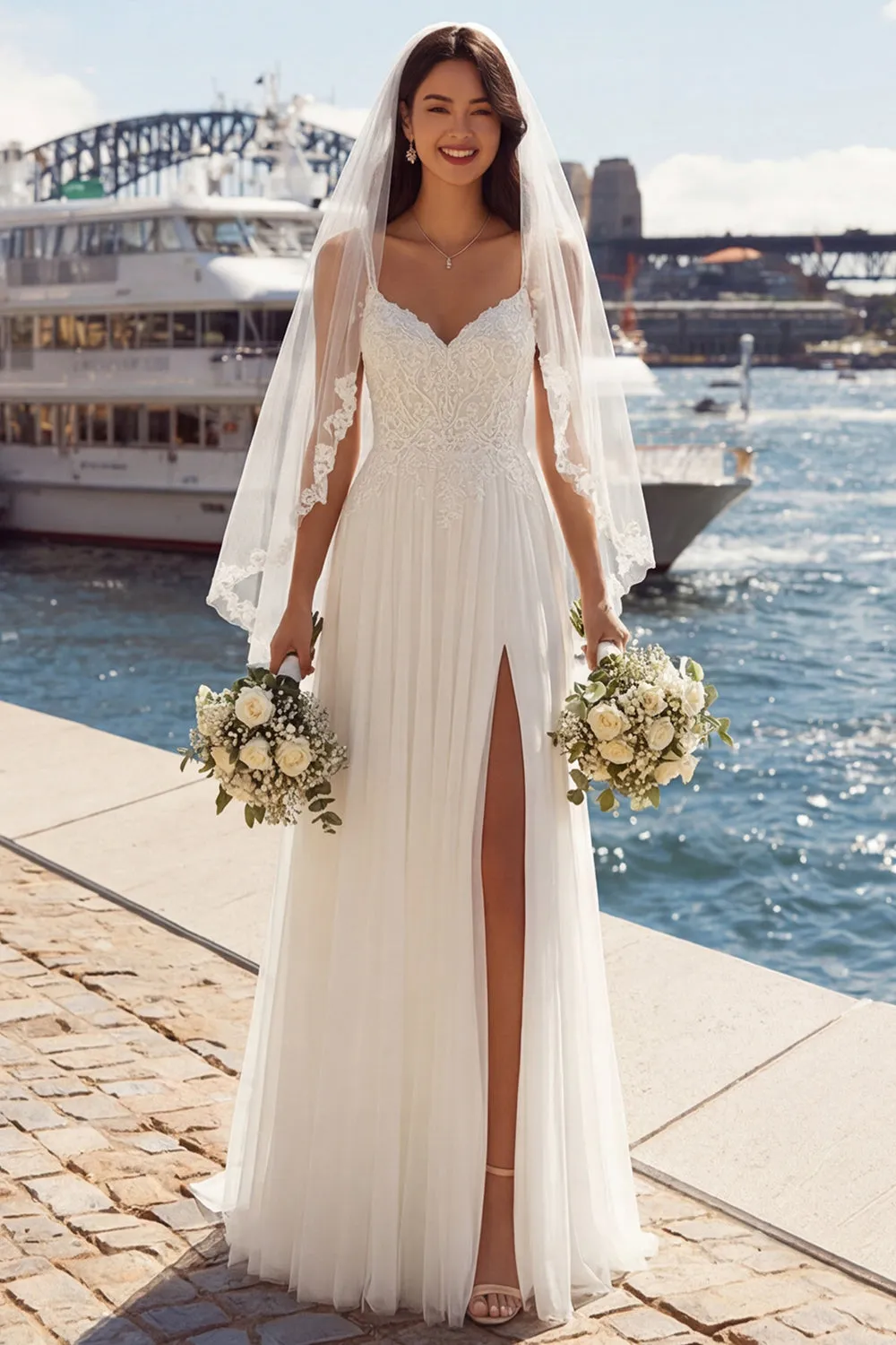 Ivory A Line Appliqued Pleated Tulle Long Wedding Dress with Slit sold by Zapaka