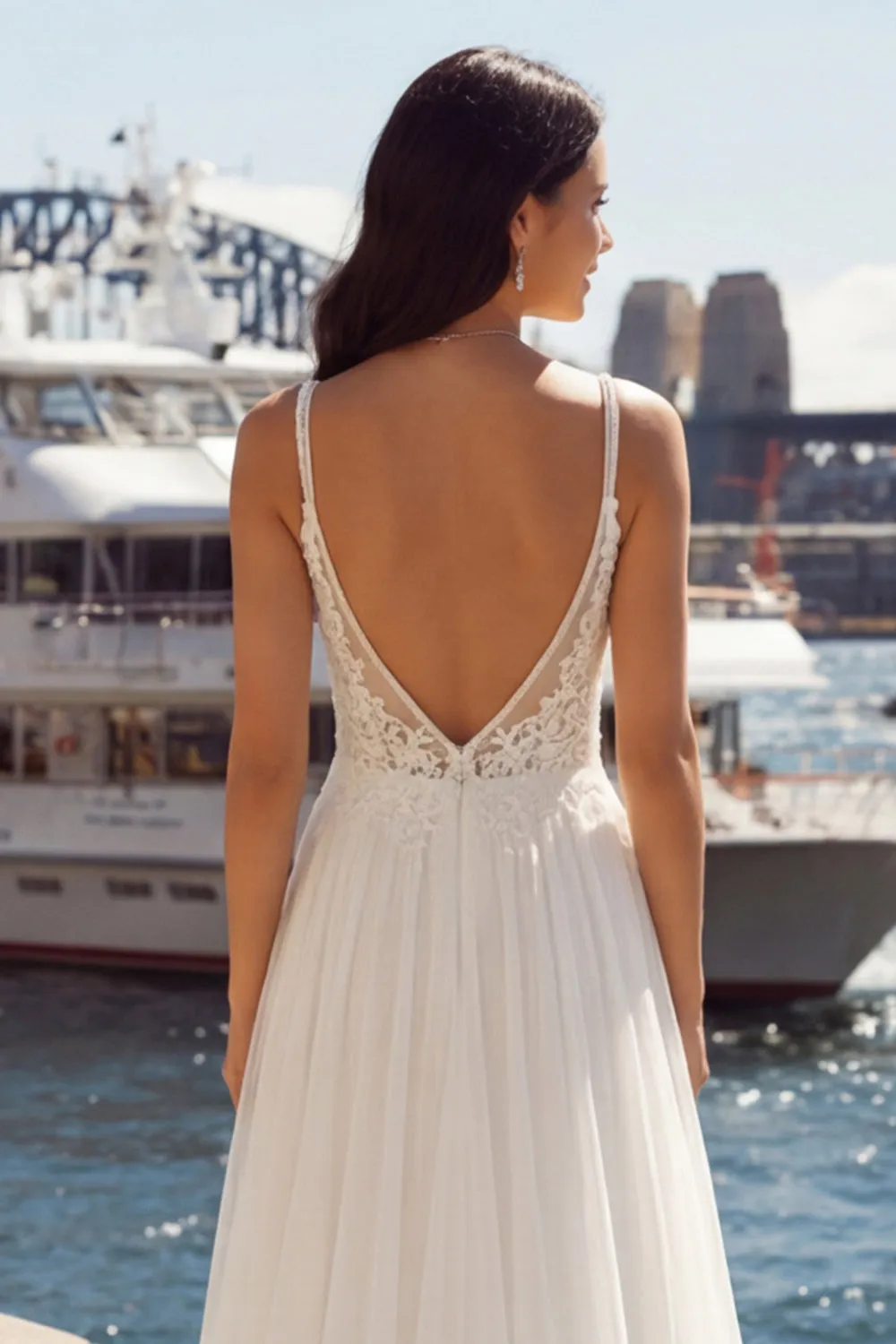 Ivory A Line Appliqued Pleated Tulle Long Wedding Dress with Slit sold by Zapaka product image thumbnail 5