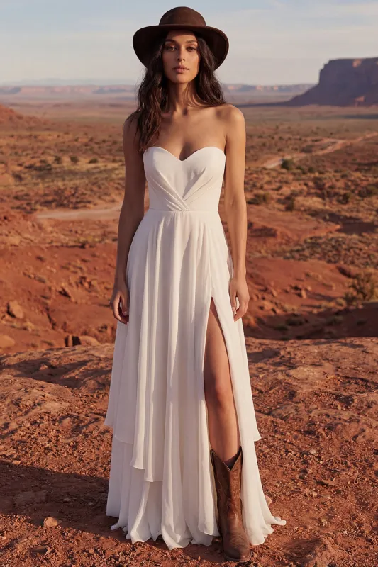 Simple Ivory Strapless A Line Long Beach Wedding Dress with Slit sold by Zapaka