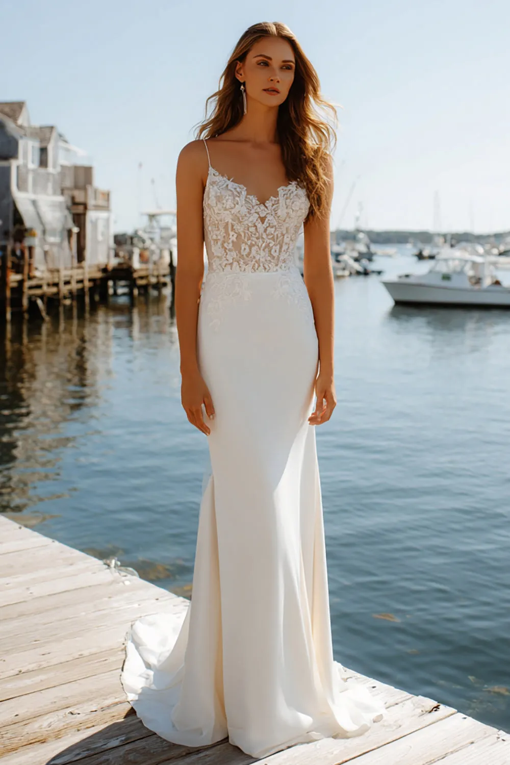 Ivory Sheath Appliqued Spaghetti Straps Wedding Dress with Sweep Train sold by Zapaka product image thumbnail 5