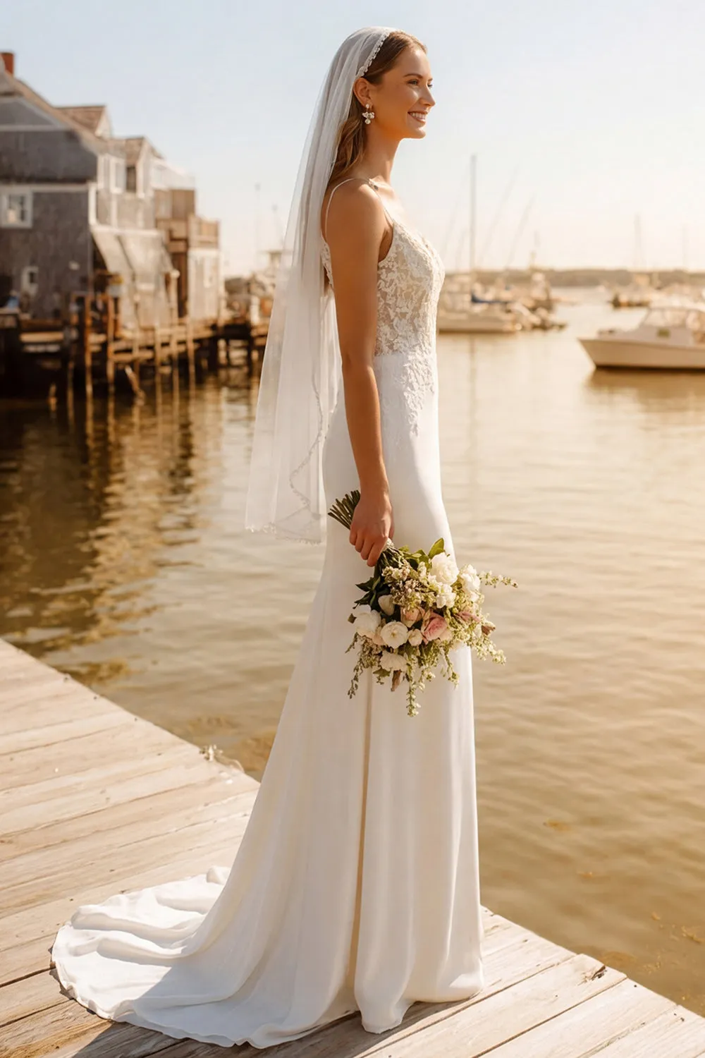 Ivory Sheath Appliqued Spaghetti Straps Wedding Dress with Sweep Train sold by Zapaka product image thumbnail 2