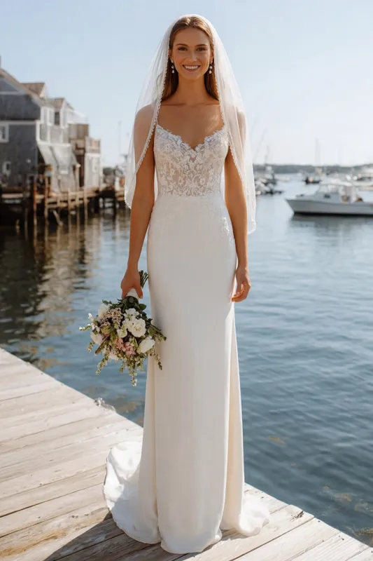 Ivory Sheath Appliqued Spaghetti Straps Wedding Dress with Sweep Train made by Zapaka