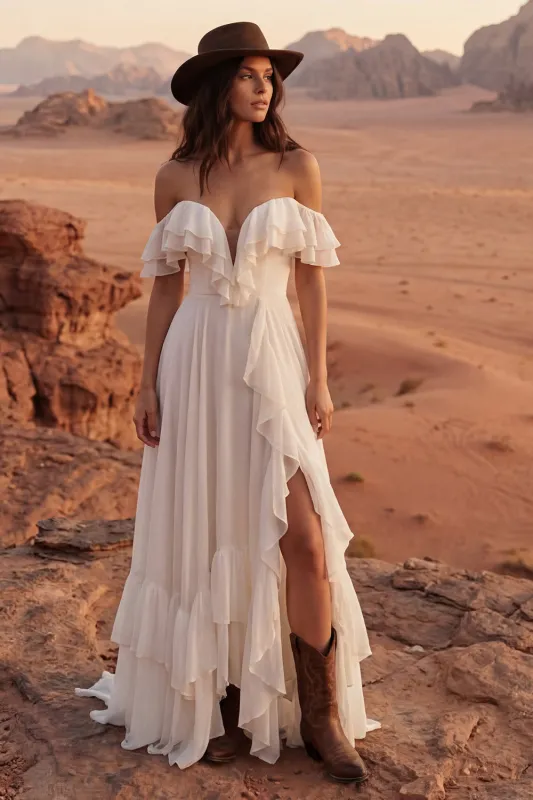Ivory Off the Shoulder A Line Maxi Beach Wedding Dress with Ruffles made by Zapaka
