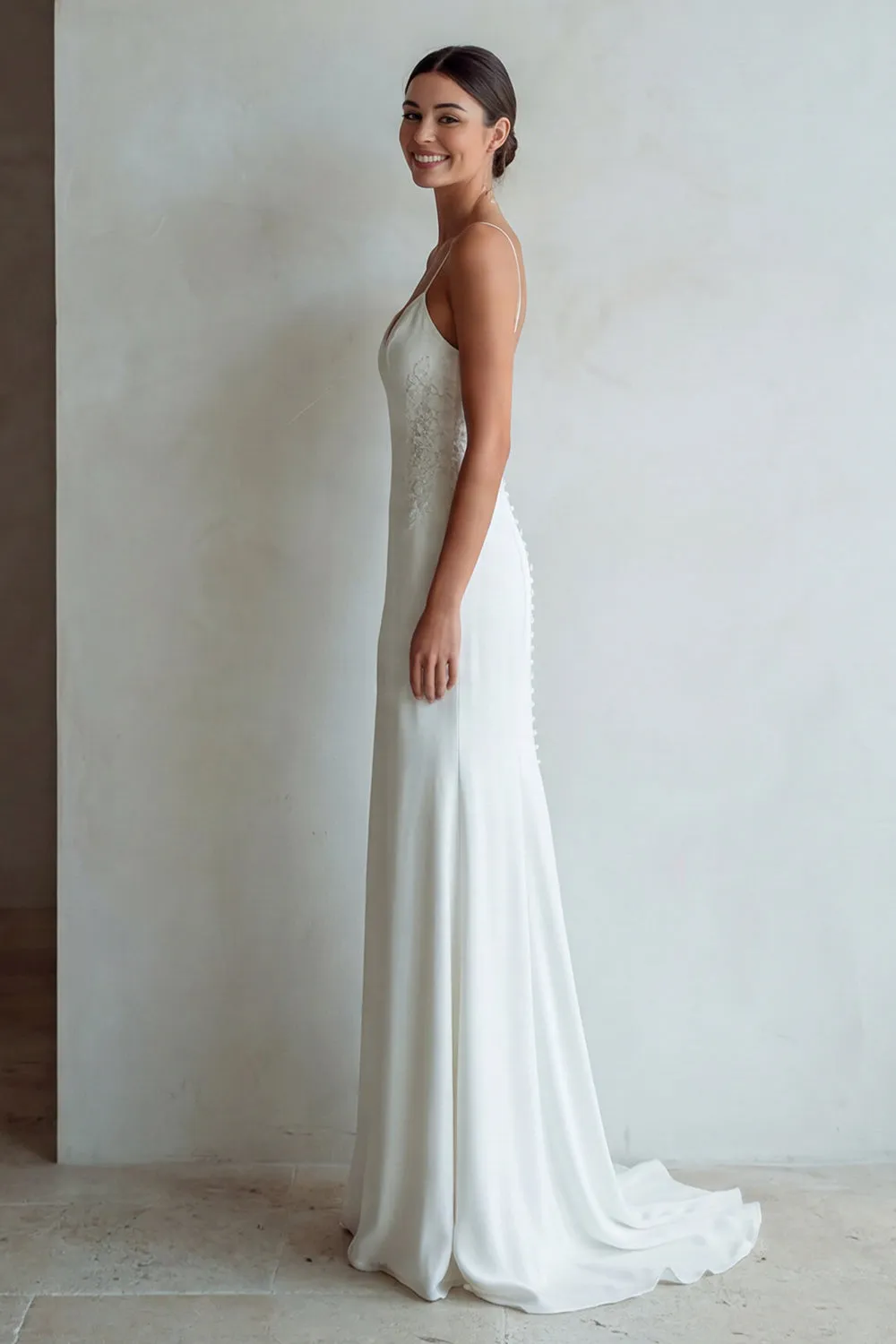 Ivory Spaghetti Straps Mermaid Sweep Train Wedding Dress with Lace sold by Zapaka product image thumbnail 3