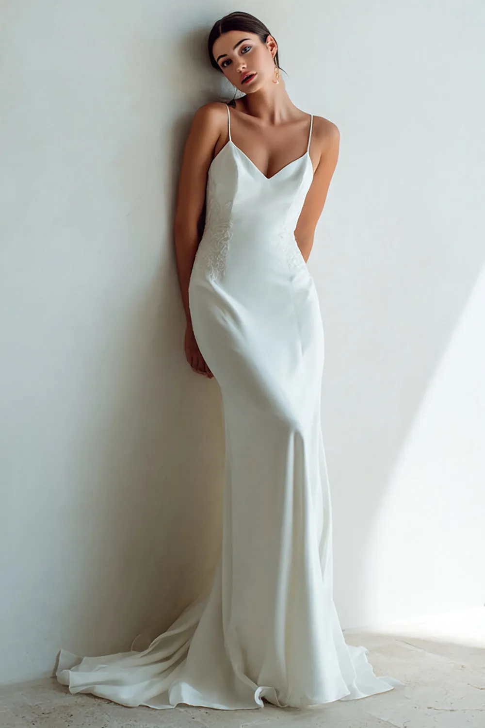 Ivory Spaghetti Straps Mermaid Sweep Train Wedding Dress with Lace sold by Zapaka product image thumbnail 4
