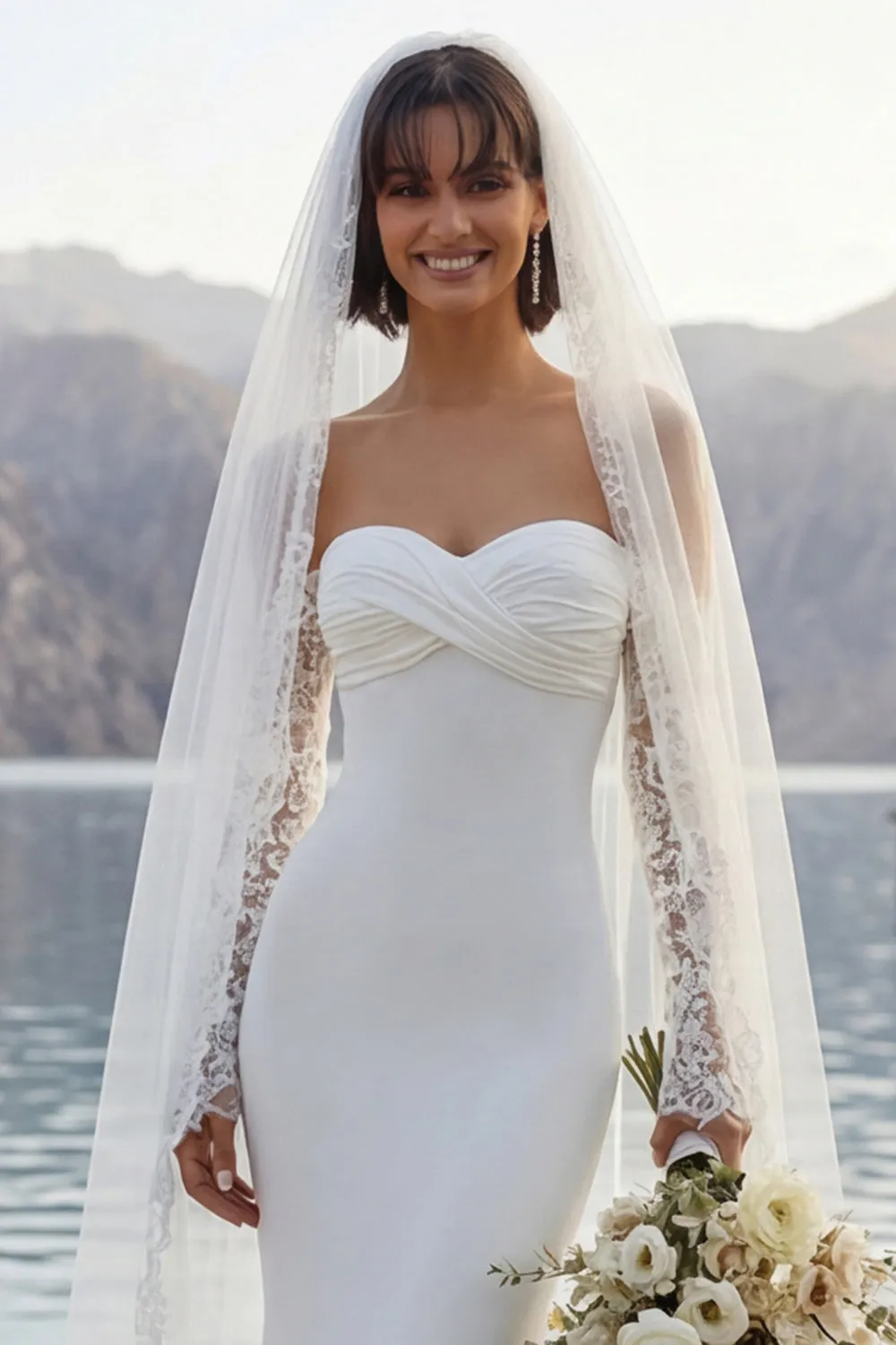 Ivory Mermaid Sweep Train Wedding Dress with Sleeves sold by Zapaka product image thumbnail 5
