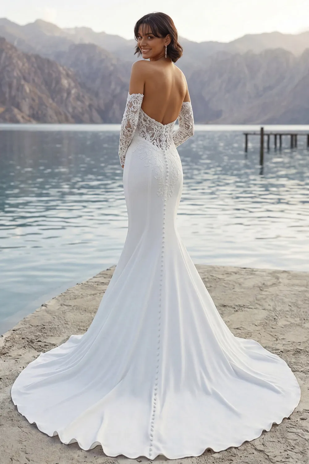 Ivory Mermaid Sweep Train Wedding Dress with Sleeves sold by Zapaka product image thumbnail 2