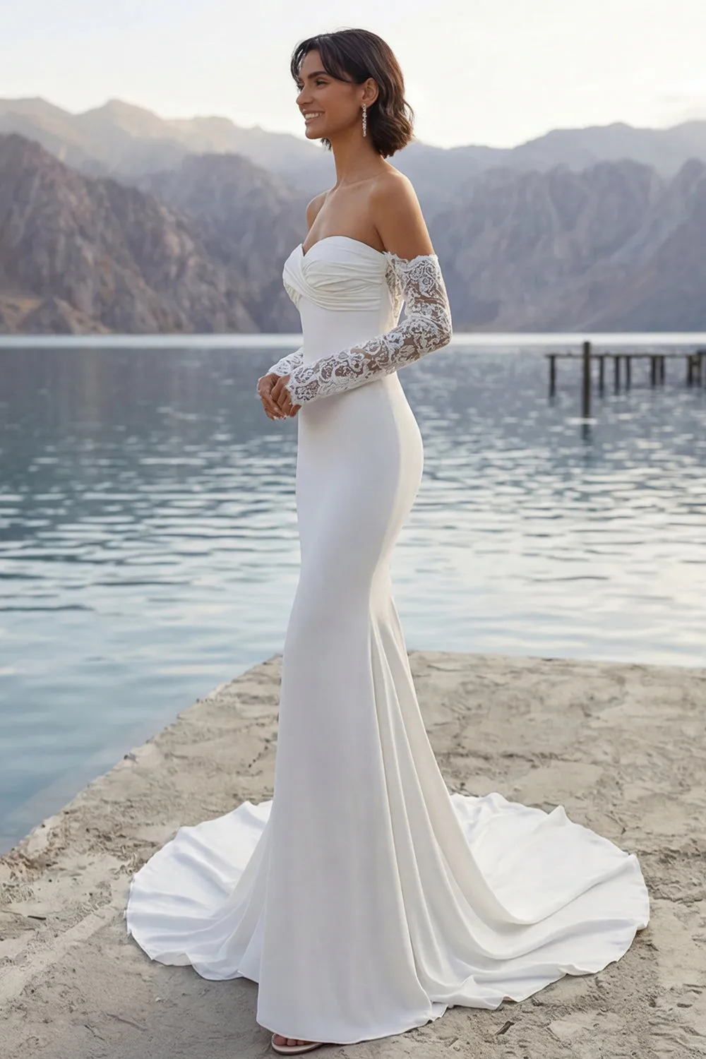 Ivory Mermaid Sweep Train Wedding Dress with Sleeves sold by Zapaka product image thumbnail 3