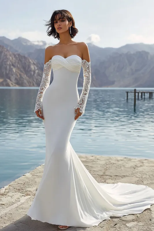 Ivory Mermaid Sweep Train Wedding Dress with Sleeves sold by Zapaka