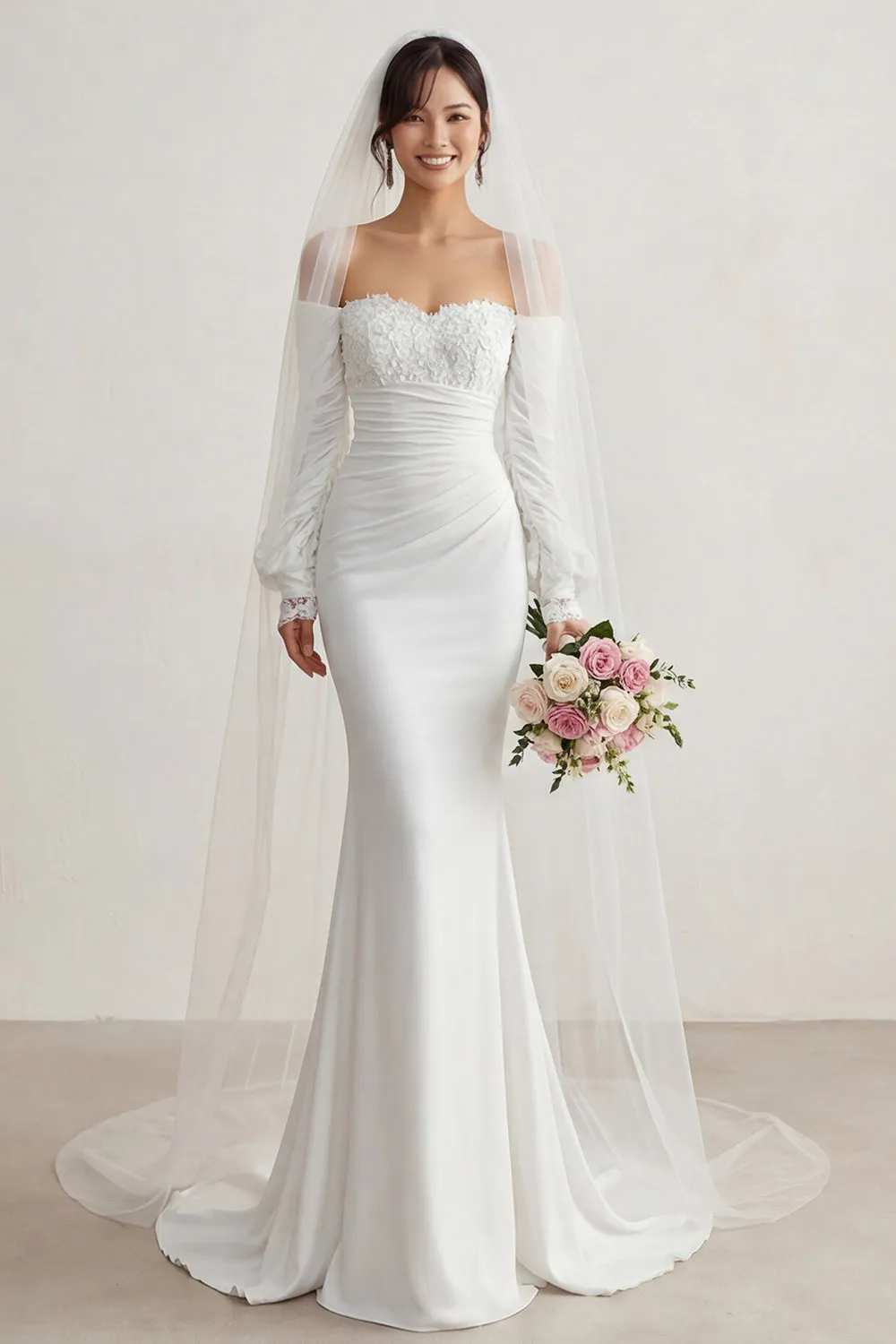 Ivory Chiffon Mermaid Appliqued Sweep Train Boho Wedding Dress with Sleeves sold by Zapaka product image thumbnail 4