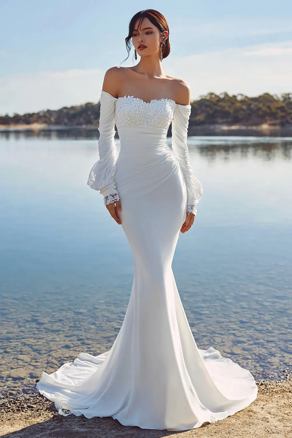 Ivory Chiffon Mermaid Appliqued Sweep Train Boho Wedding Dress with Sleeves sold by Zapaka