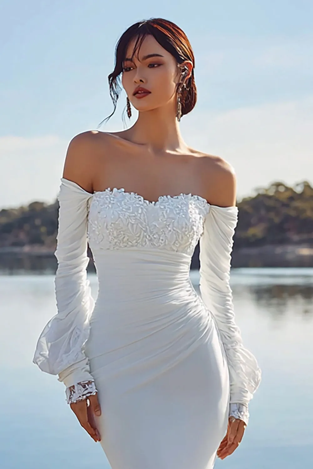 Ivory Chiffon Mermaid Appliqued Sweep Train Boho Wedding Dress with Sleeves sold by Zapaka product image thumbnail 5
