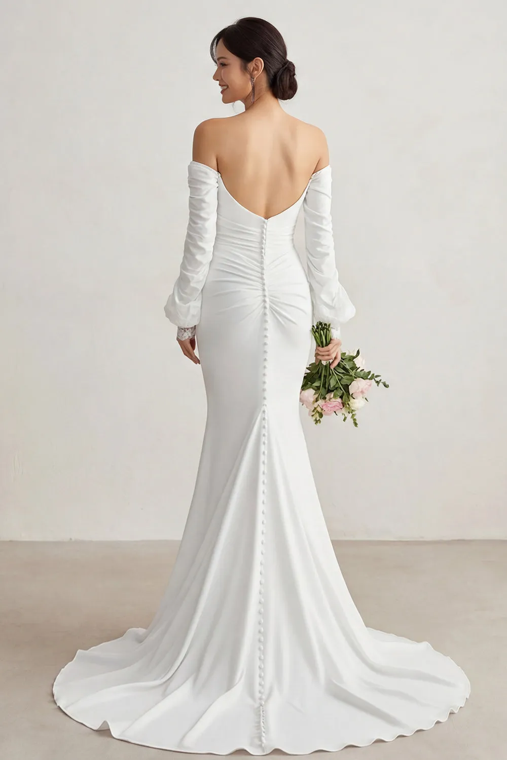 Ivory Chiffon Mermaid Appliqued Sweep Train Boho Wedding Dress with Sleeves sold by Zapaka product image thumbnail 2