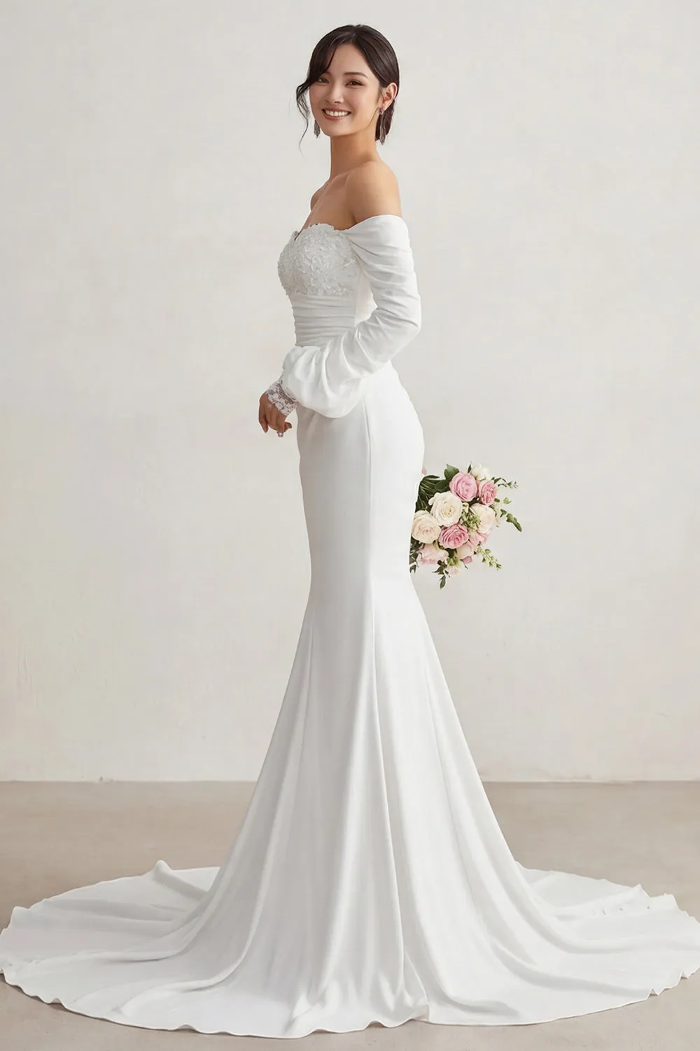 Ivory Chiffon Mermaid Appliqued Sweep Train Boho Wedding Dress with Sleeves sold by Zapaka product image thumbnail 3