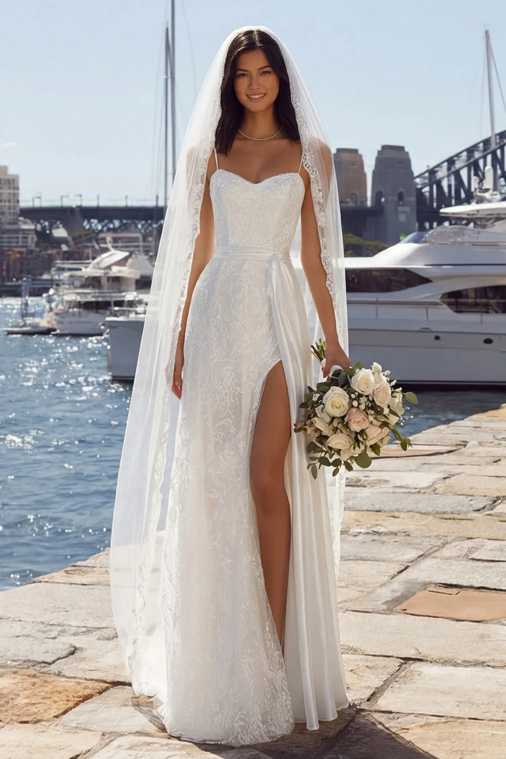 Ivory Sheath Lace Satin Long Wedding Dress with Slit sold by Zapaka