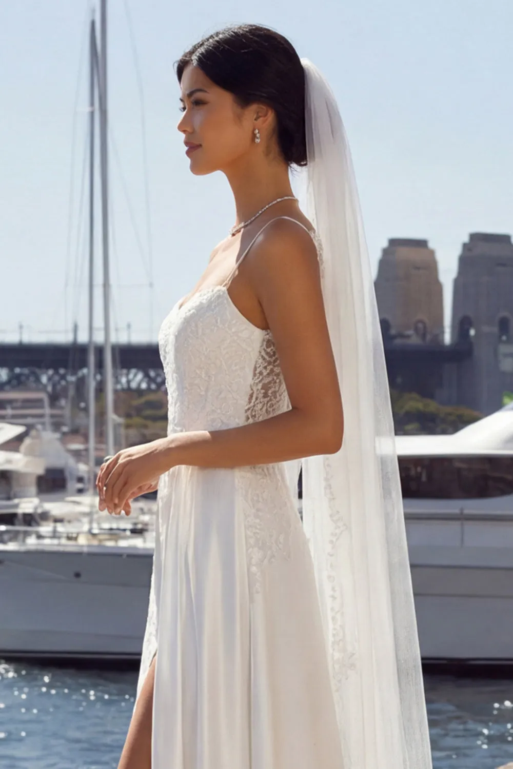 Ivory Sheath Lace Satin Long Wedding Dress with Slit sold by Zapaka product image thumbnail 5