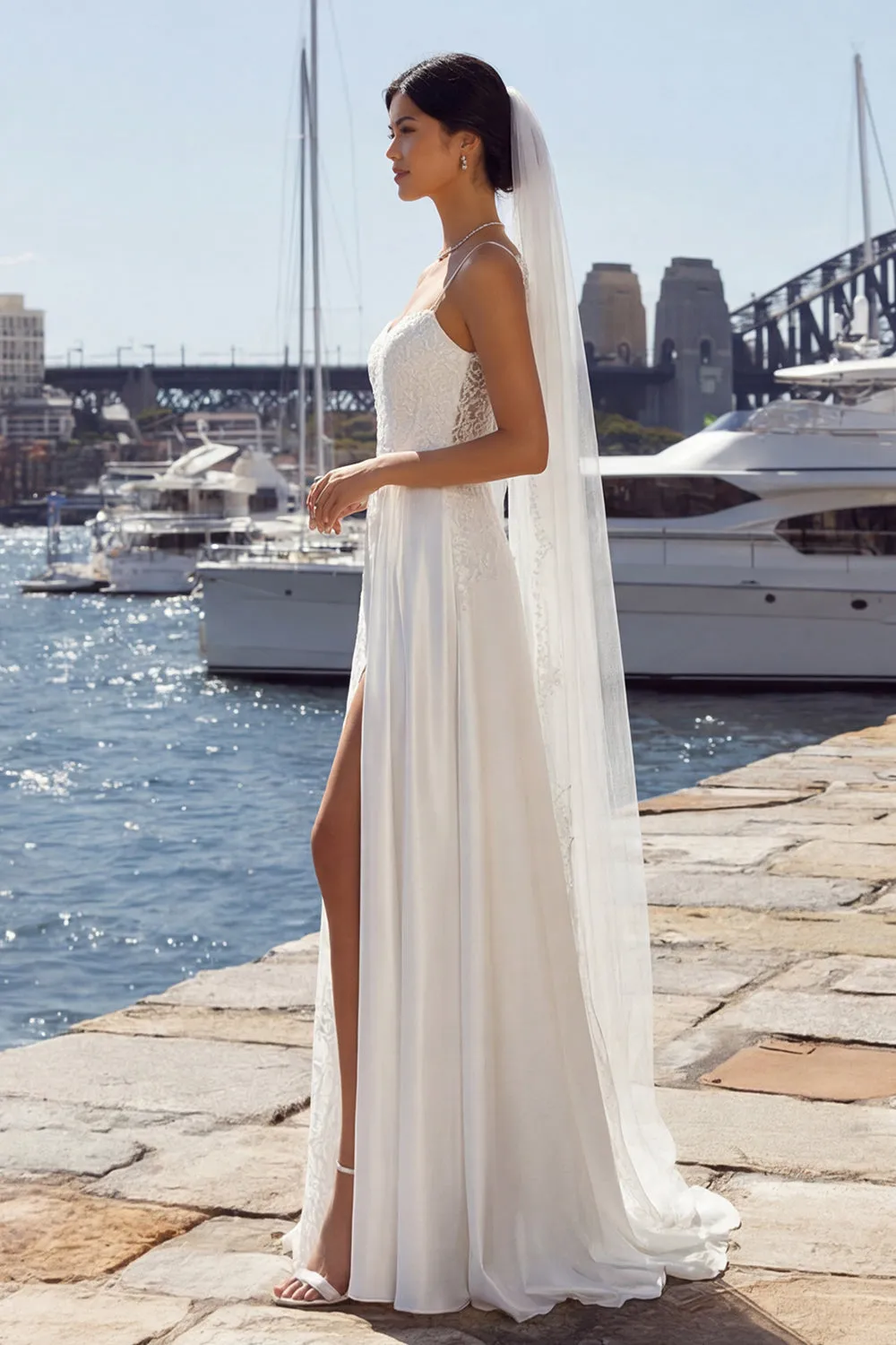 Ivory Sheath Lace Satin Long Wedding Dress with Slit sold by Zapaka product image thumbnail 2