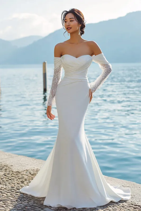 Ivory Mermaid Off The Shoulder Sweep Train Boho Wedding Dress with Sleeves made by Zapaka
