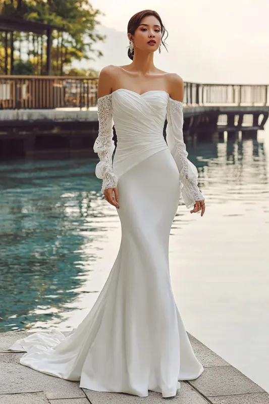 Ivory Off The Shoulder Mermaid Sweep Train Boho Wedding Dress with Lace Sleeves made by Zapaka