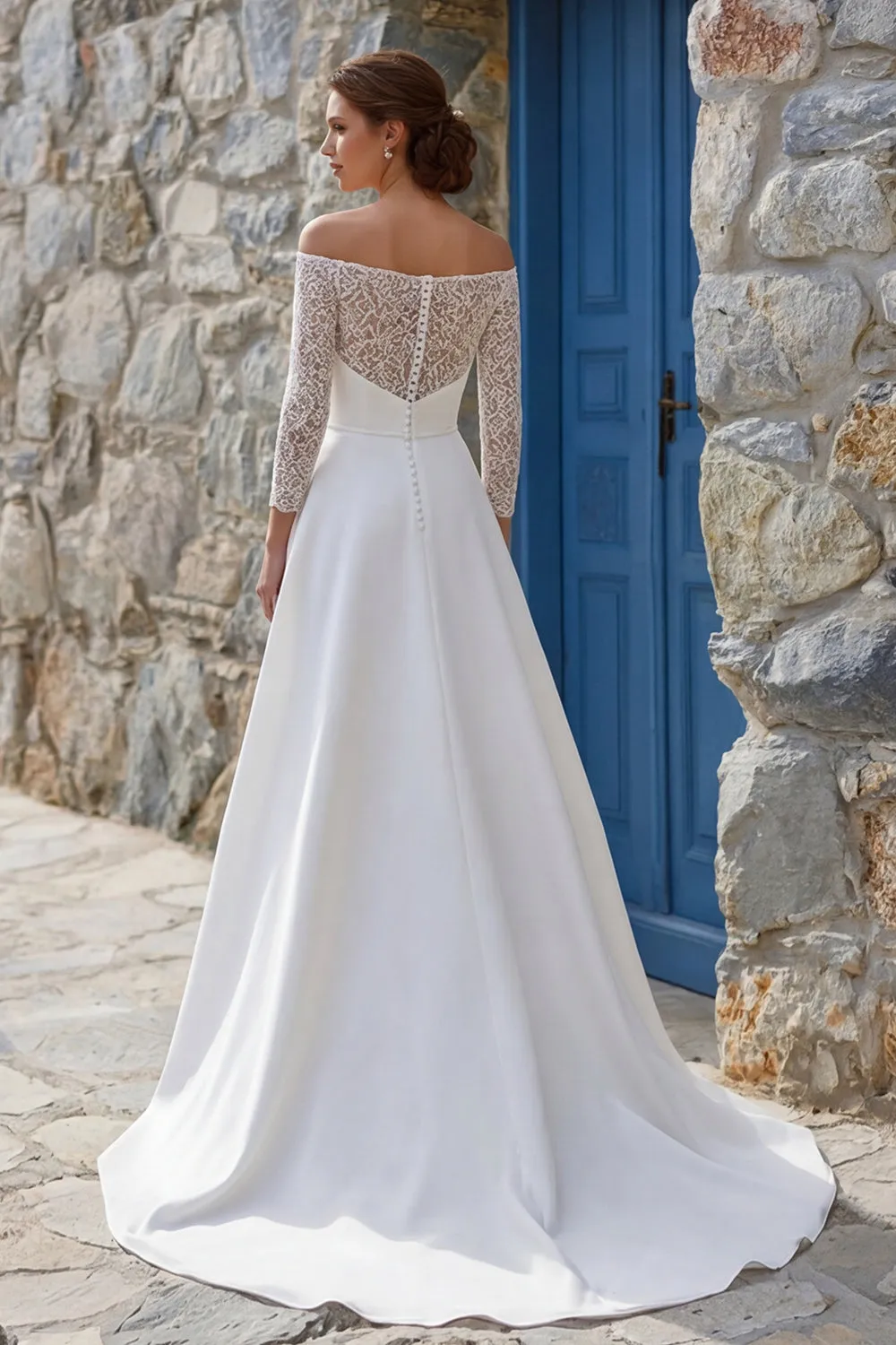 Ivory A Line Off The Shoulder Sweep Train Boho Wedding Dress with Slit sold by Zapaka product image thumbnail 2