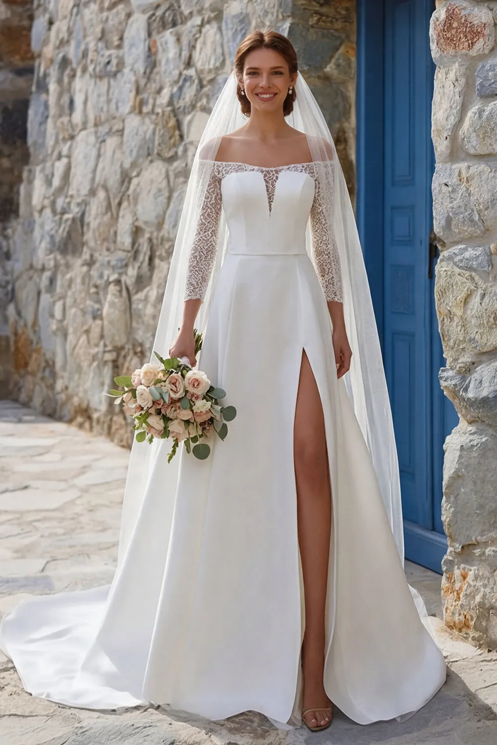 Ivory A Line Off The Shoulder Sweep Train Boho Wedding Dress with Slit sold by Zapaka
