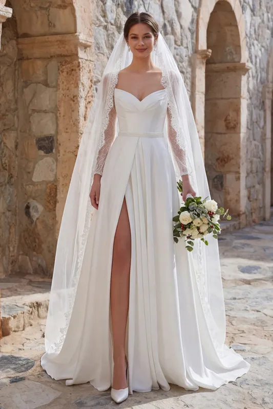 Ivory A Line Long Sleeves Sweep Train Boho Wedding Dress with Slit made by Zapaka
