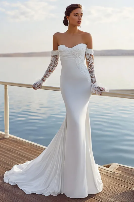 Ivory Mermaid Sweetheart Chiffon Ruched Long Wedding Dress made by Zapaka