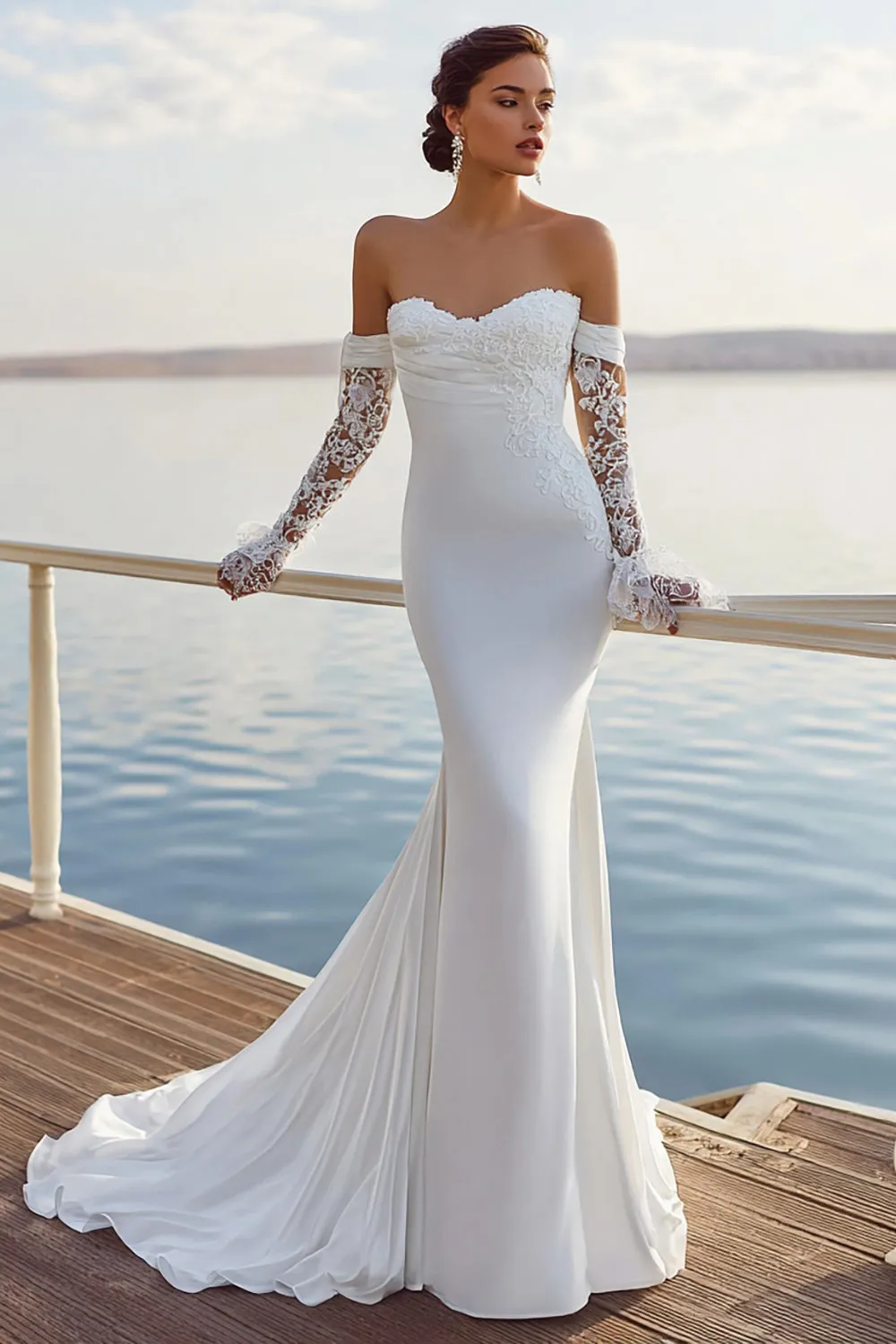 Ivory Mermaid Sweetheart Chiffon Ruched Long Wedding Dress sold by Zapaka