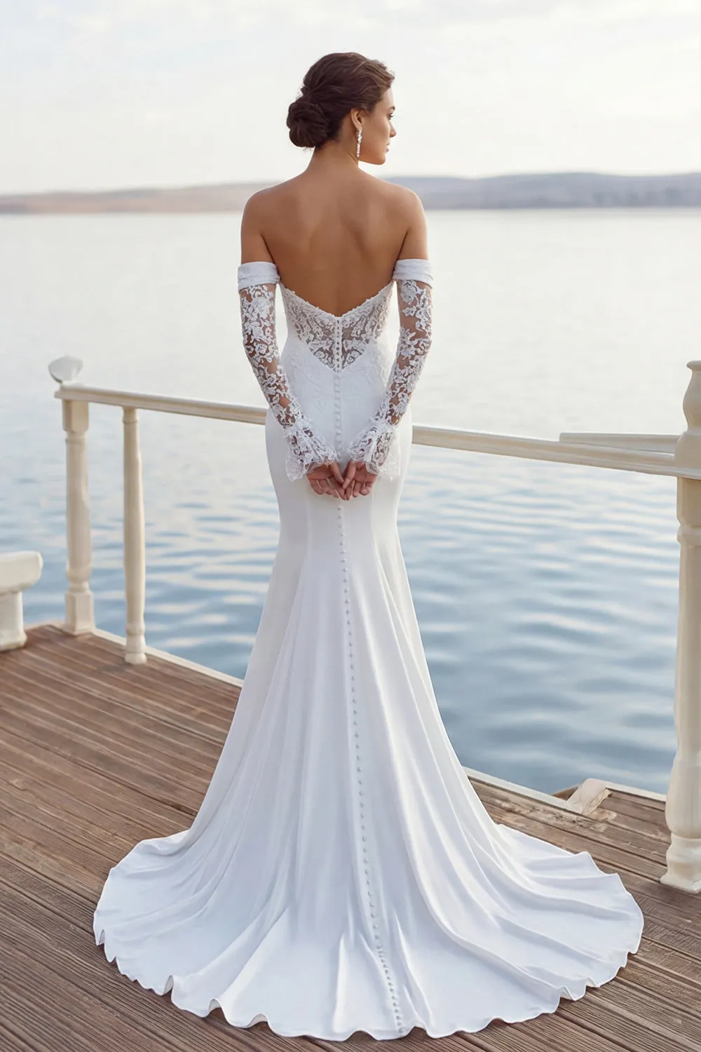 Ivory Mermaid Sweetheart Chiffon Ruched Long Wedding Dress sold by Zapaka product image thumbnail 2