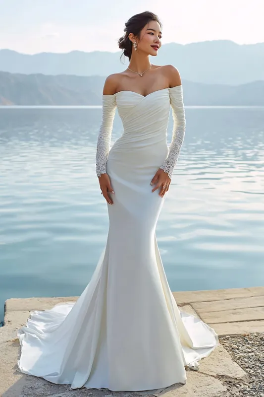 Ivory Sweetheart Mermaid Ruched Long Wedding Dress with Appliques made by Zapaka
