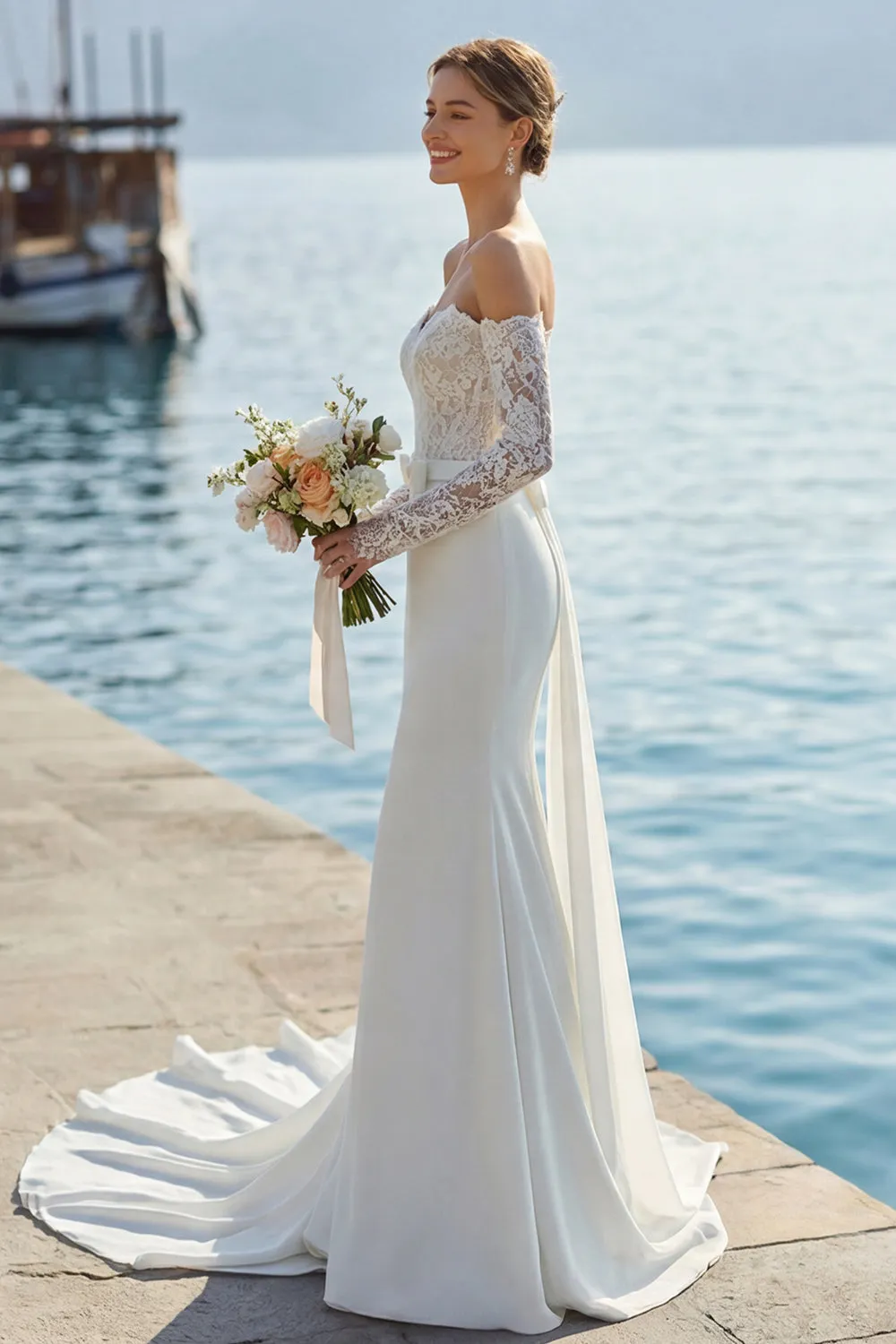 Ivory Lace Appliqued Mermaid Sweetheart Long Wedding Dress with Bow sold by Zapaka product image thumbnail 2