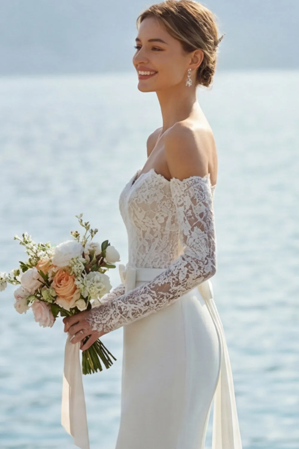 Ivory Lace Appliqued Mermaid Sweetheart Long Wedding Dress with Bow sold by Zapaka product image thumbnail 3