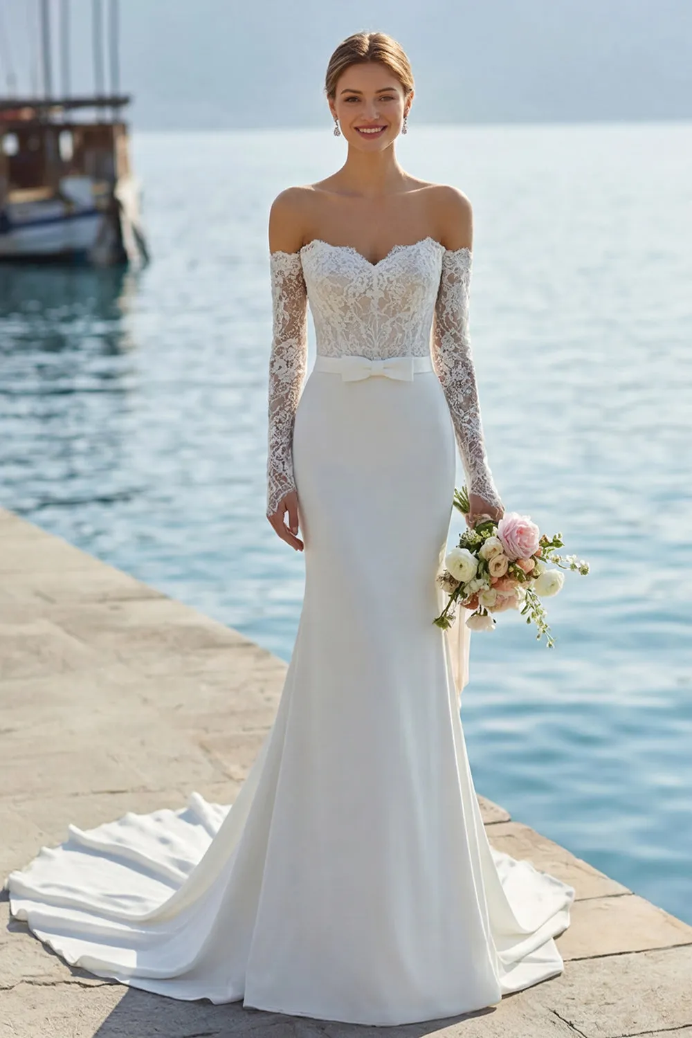 Ivory Lace Appliqued Mermaid Sweetheart Long Wedding Dress with Bow sold by Zapaka